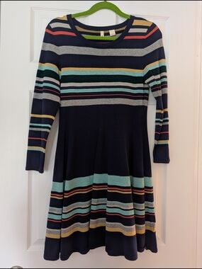Moth Navy Striped Long-Sleeve Knit Dress with Mint, Coral, Gray & Gold Accents
